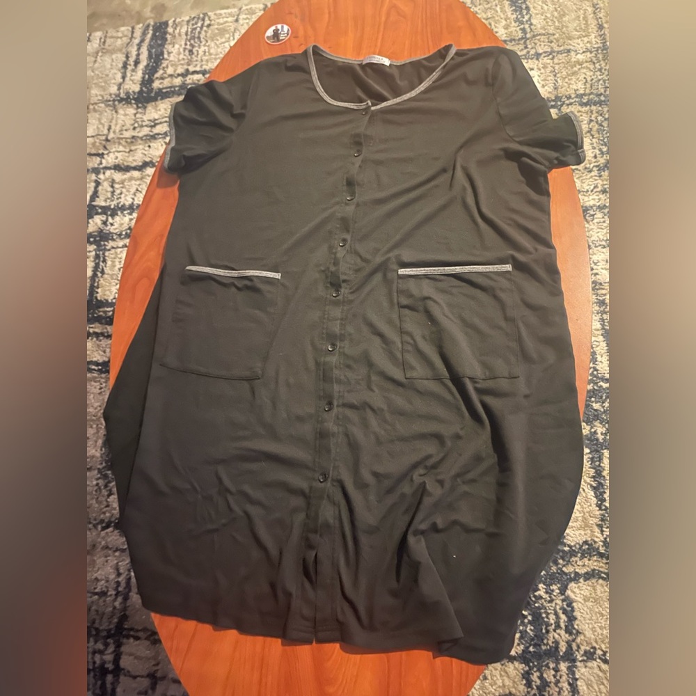 Women's Black Button-Front Nightshirt with Pocket Trim